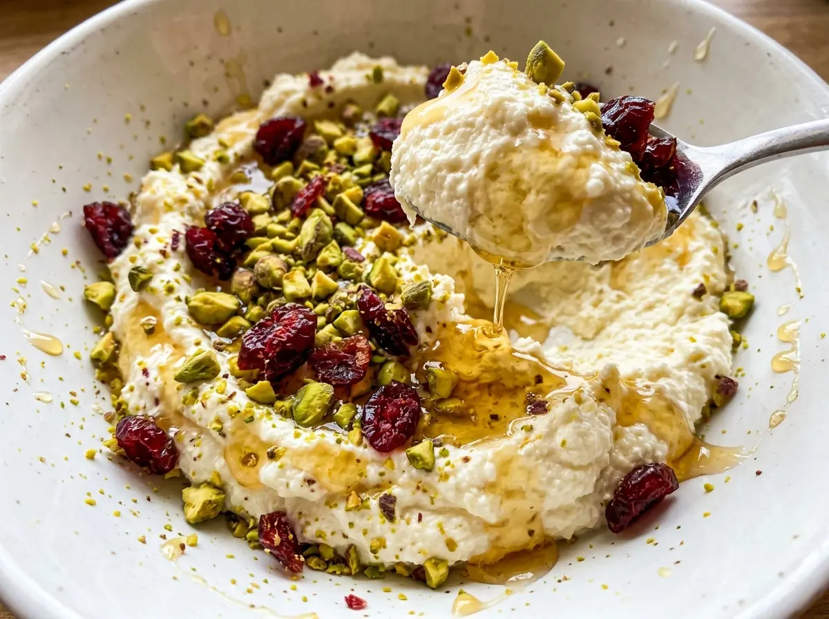 Whipped feta dip with honey pistachios and cranberries, creamy and jewel-toned