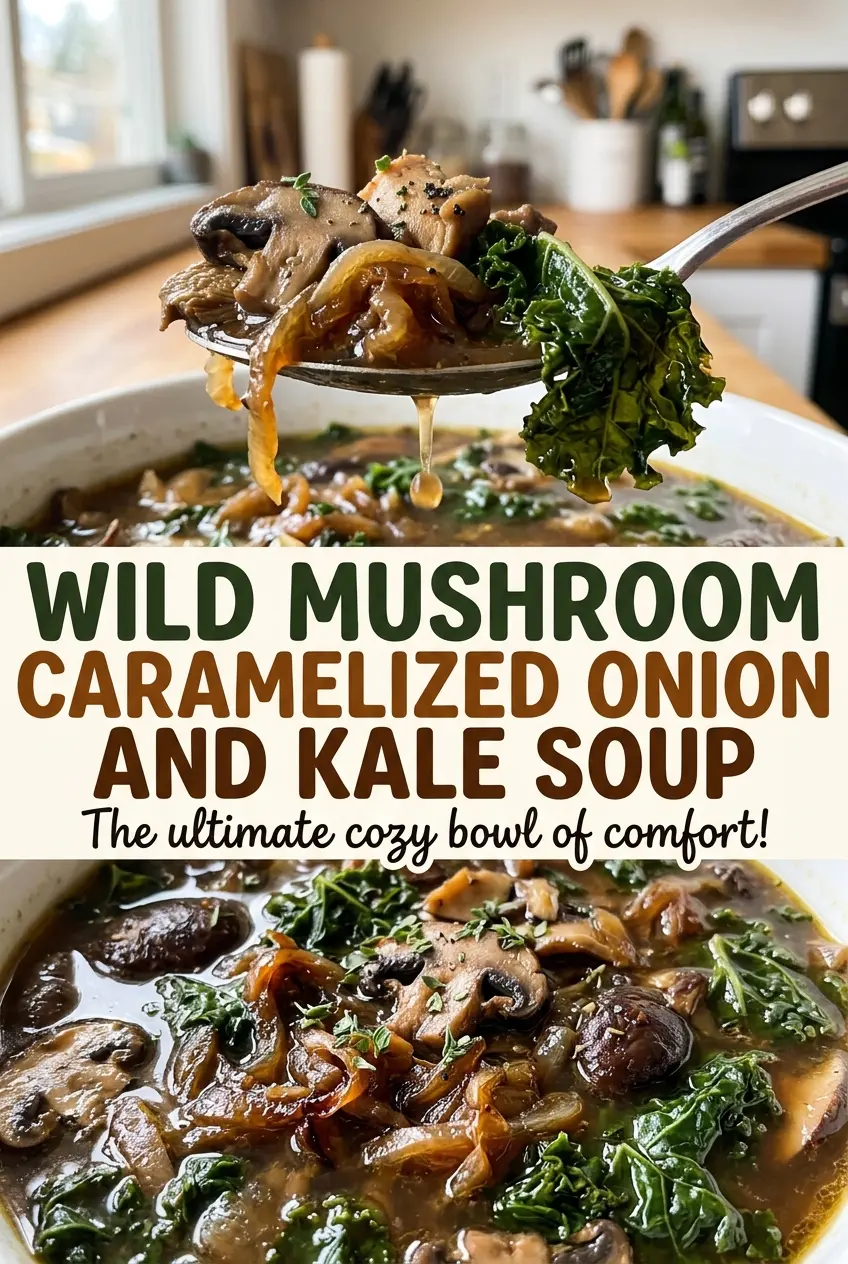 Wild Mushroom Caramelized Onion And Kale Soup, rustic and creamy