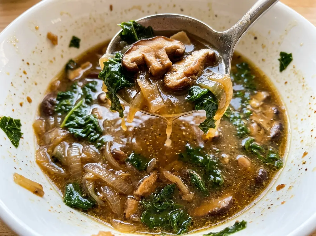 Wild Mushroom Caramelized Onion And Kale Soup, earthy and hearty